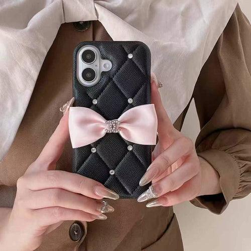 Cute Bow Style Luxury Branded Quilted Leather Case for iPhone ( Black And Pink )