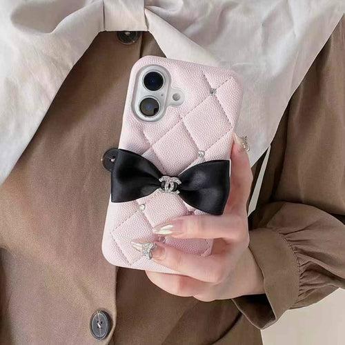 Cute Bow Style Luxury Branded Quilted Leather Case for iPhone ( Black And Pink )