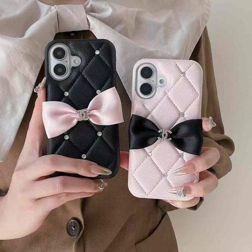 Cute Bow Style Luxury Branded Quilted Leather Case for iPhone ( Black And Pink )