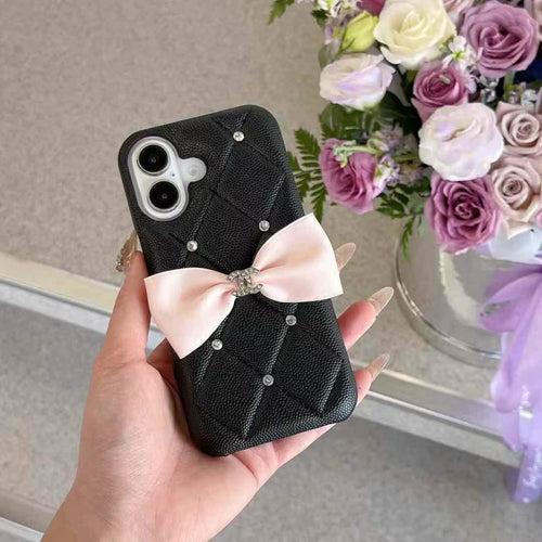 Cute Bow Style Luxury Branded Quilted Leather Case for iPhone ( Black And Pink )