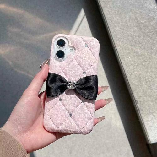 Cute Bow Style Luxury Branded Quilted Leather Case for iPhone ( Black And Pink )