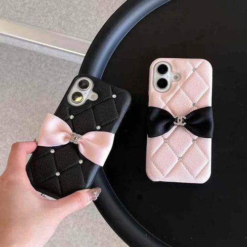 Cute Bow Style Luxury Branded Quilted Leather Case for iPhone ( Black And Pink )