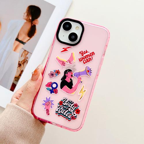 Women Can ! Assorted Stickers Designer Impact Proof Silicon Phone Case for iPhone