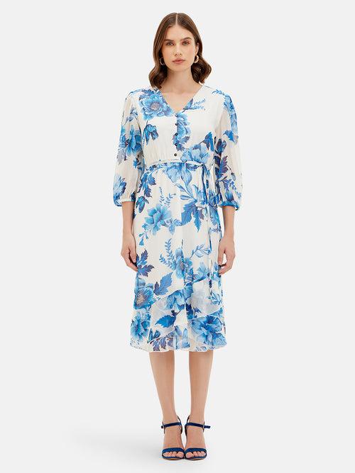 Amelia Printed Tie-Up Midi Dress