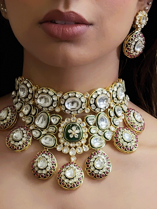 Royal green meenakari work tear drop shaped hanging tukdies in broad kundan choker set