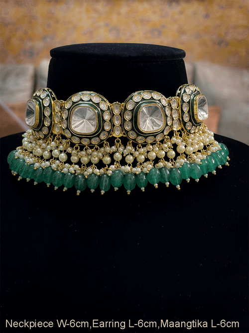 Four bold green enamel uncut polki tukdies with pearl and green drop tassel choker set