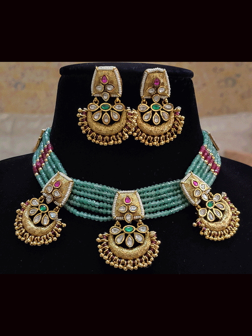 Five jade strings three antique gold kundan tukdies necklace set