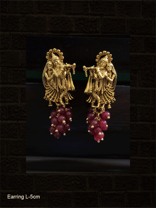 Radha Krishna earrings with bead bunch hanging