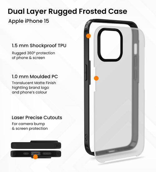 Rugged Frosted Semi Transparent PC Shock Proof Slim Back Cover for Apple iPhone 15, 6.1 inch, Black