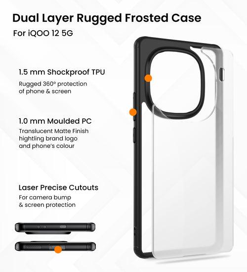 Rugged Frosted Semi Transparent PC Shock Proof Slim Back Cover for IQOO 12 5G, 6.78 inch, Black