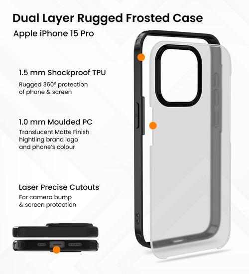 Rugged Frosted Semi Transparent PC Shock Proof Slim Back Cover for Apple iPhone 15 Pro, 6.1 inch, Black