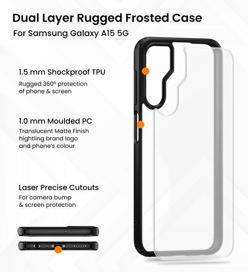 Rugged Frosted Semi Transparent PC Shock Proof Slim Back Cover for Samsung Galaxy A15 5G, Samsung Galaxy F15 5G, 6.5 inch, Black