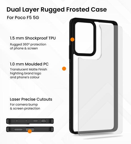 Rugged Frosted Semi Transparent PC Shock Proof Slim Back Cover for POCO F5 5G, 6.67 inch, Black