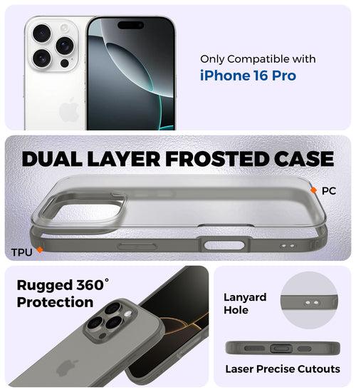 Rugged Frosted Semi Transparent PC Shock Proof Slim Back Cover for Apple iPhone 16 Pro, 6.3 inch, Grey