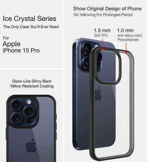Ice Crystal Series Hybrid Transparent PC Military Grade TPU Back Cover for Apple iPhone 15 Pro, 6.1 inch, Black