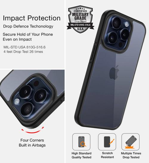 Ice Crystal Series Hybrid Transparent PC Military Grade TPU Back Cover for Apple iPhone 15 Pro, 6.1 inch, Black