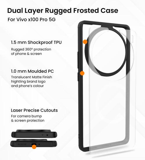 Rugged Frosted Semi Transparent PC Shock Proof Slim Back Cover for Vivo X100 Pro 5G, 6.78 inch, Black