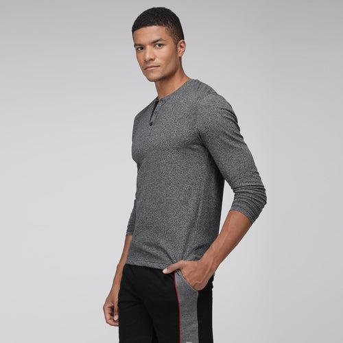 Sporto Men's Henley Neck Full Sleeve T-Shirt - Grey Melange