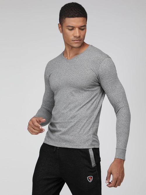 Sporto Men's V Neck Full Sleeve T-Shirt - Grey Melange