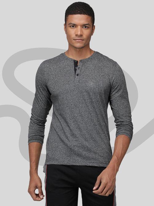 Sporto Men's Henley Neck Full Sleeve T-Shirt - Grey Melange