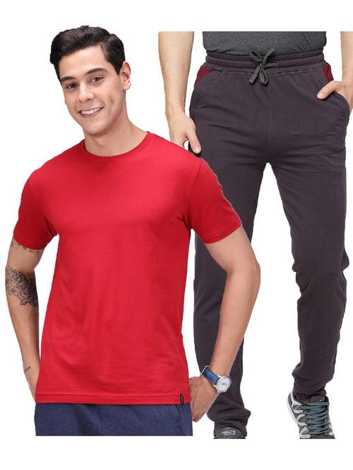 Men's Cotton Rich Solid T-Shirt/ Track Pant Sets-2PC