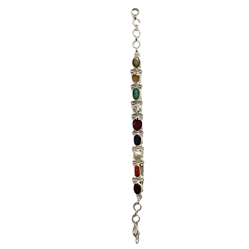 Navratan Silver Bracelet Natural 9 Stone With Silver Chain