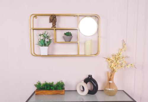 Claymint Mirror Wall Shelf for Home Decor in Gold Finish