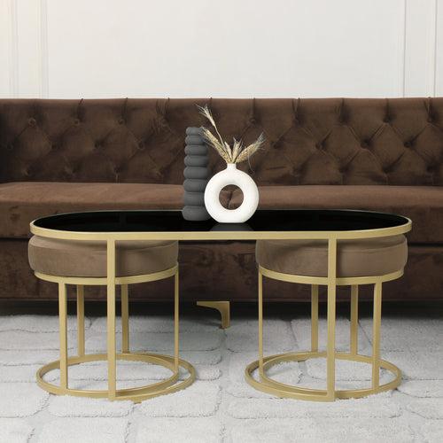 Benton Nesting Black Glass Coffee Table Set With 2 Stools In Gold Finish