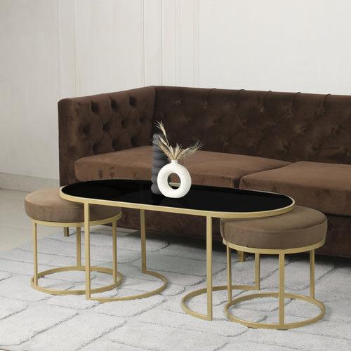 Benton Nesting Black Glass Coffee Table Set With 2 Stools In Gold Finish