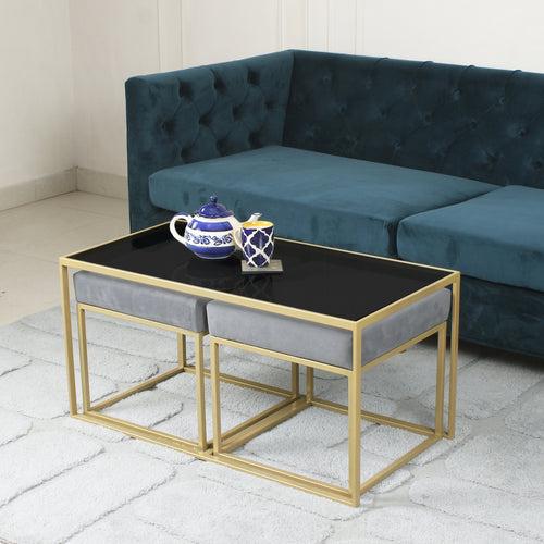 Benton Nesting Black Glass Coffee Table Set With 2 Stools In Gold Finish