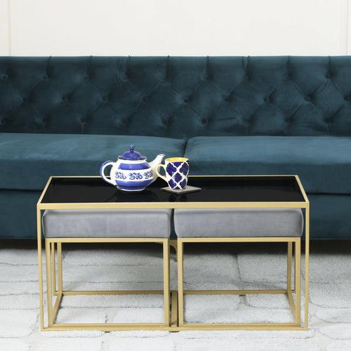 Benton Nesting Black Glass Coffee Table Set With 2 Stools In Gold Finish