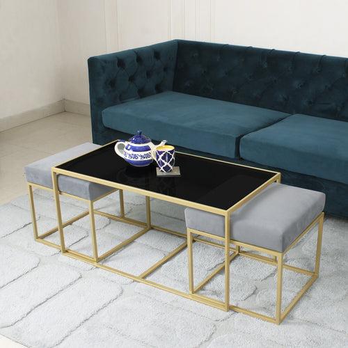 Benton Nesting Black Glass Coffee Table Set With 2 Stools In Gold Finish