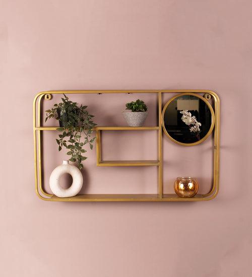 Claymint Mirror Wall Shelf for Home Decor in Gold Finish