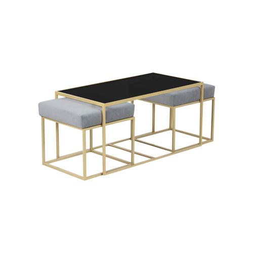 Benton Nesting Black Glass Coffee Table Set With 2 Stools In Gold Finish