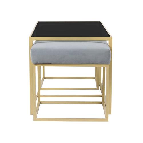 Benton Nesting Black Glass Coffee Table Set With 2 Stools In Gold Finish