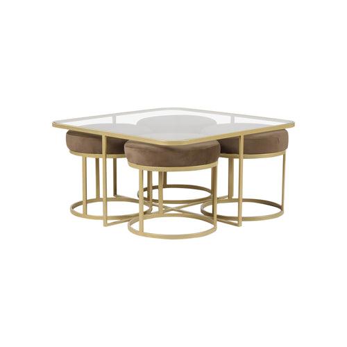 Benton Nesting Clear Glass Coffee Table Set With 4 Stools In Gold Finish