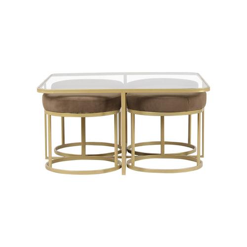 Benton Nesting Clear Glass Coffee Table Set With 4 Stools In Gold Finish