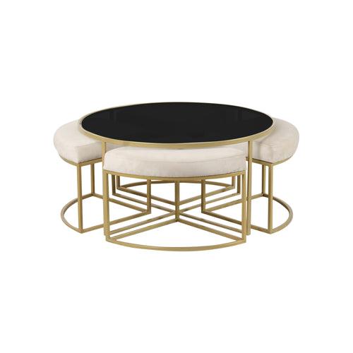 Benton Nesting Black Glass Coffee Table Set With 4 Stools In Gold Finish