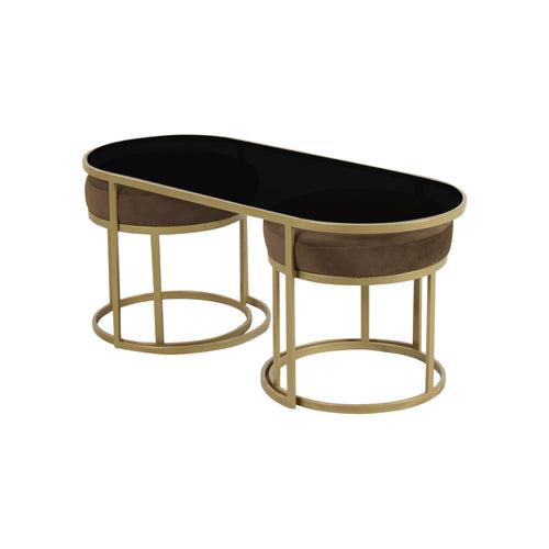 Benton Nesting Black Glass Coffee Table Set With 2 Stools In Gold Finish