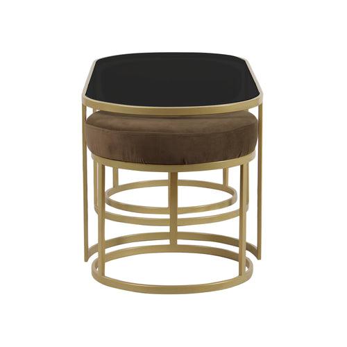 Benton Nesting Black Glass Coffee Table Set With 2 Stools In Gold Finish