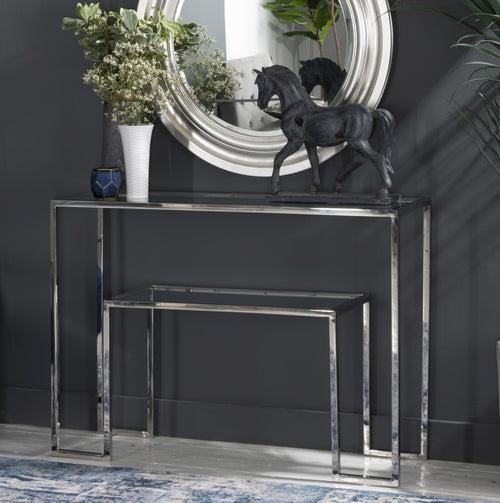 Bridgeview Glass Console Table In Chrome Finish