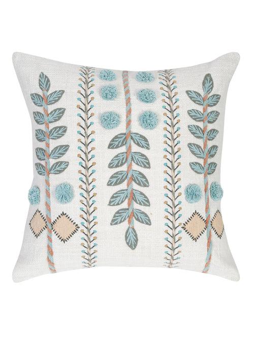 Set of 2 White & Aqua Cotton Embroidered Square Cushion Covers