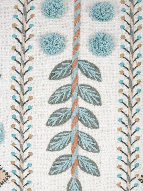 Set of 2 White & Aqua Cotton Embroidered Square Cushion Covers