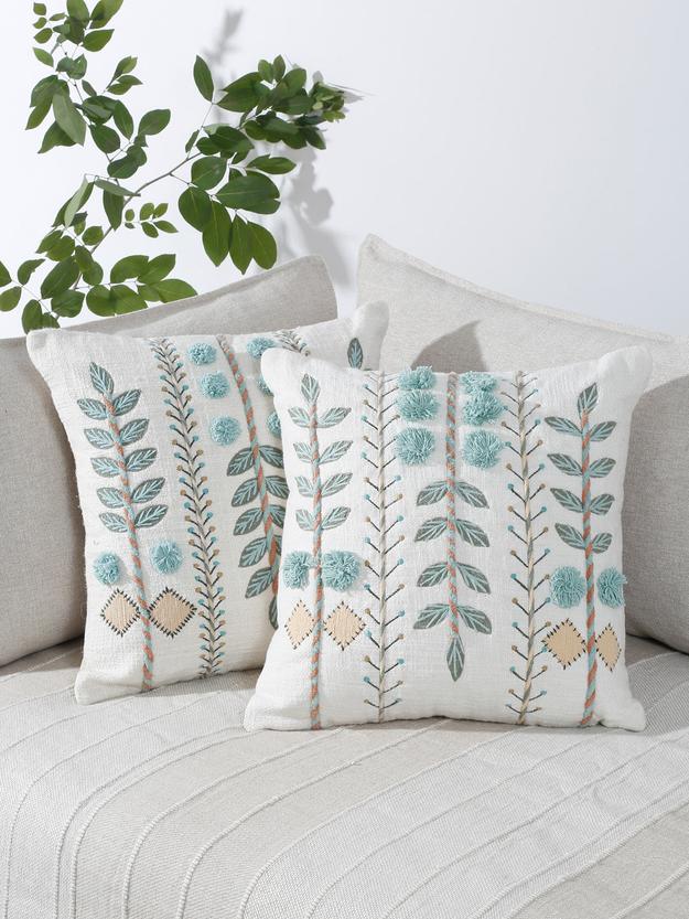 Set of 2 White & Aqua Cotton Embroidered Square Cushion Covers