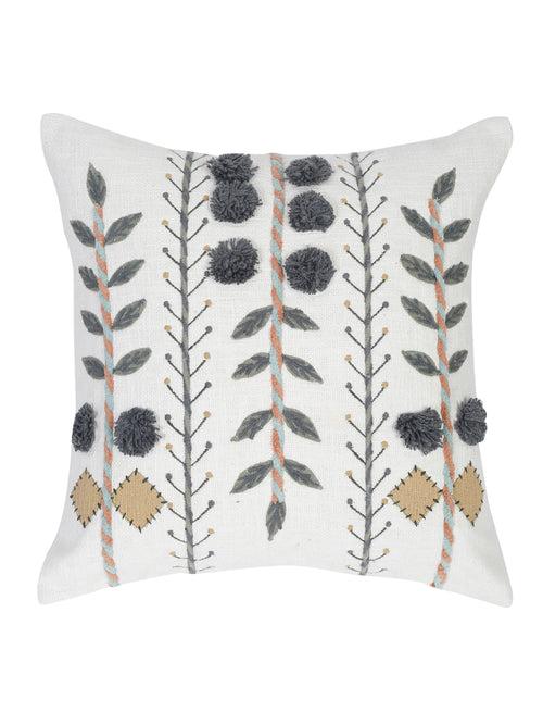 Set of 2 White & Grey  Embroidered Square Cotton Cushion Covers