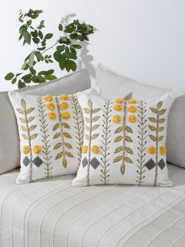 Set of 2 White & Yellow Cotton Embroidered Square Cushion Covers