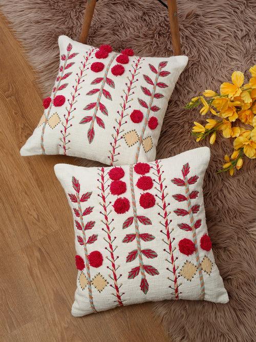 Set of 2 White & Magenta Cotton Embroidered Square Cushion Covers