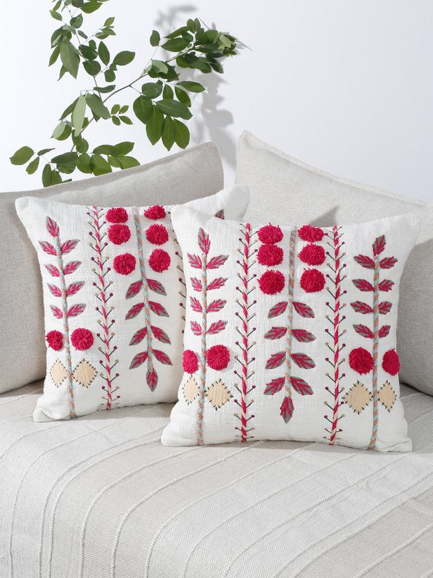 Set of 2 White & Magenta Cotton Embroidered Square Cushion Covers