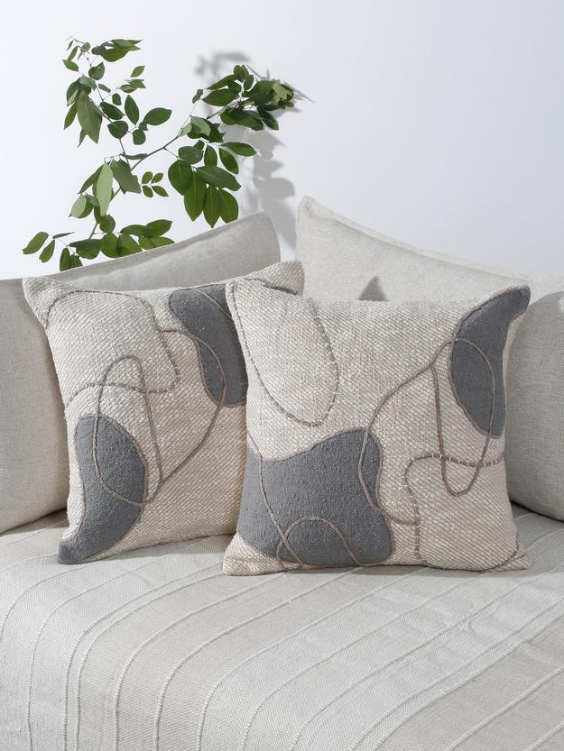 Beige & Grey 2 Pieces Cotton Embroidered Square Cushion Covers