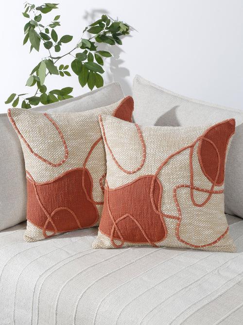 Beige & Red 2 Pieces Square Cotton Cushion Covers